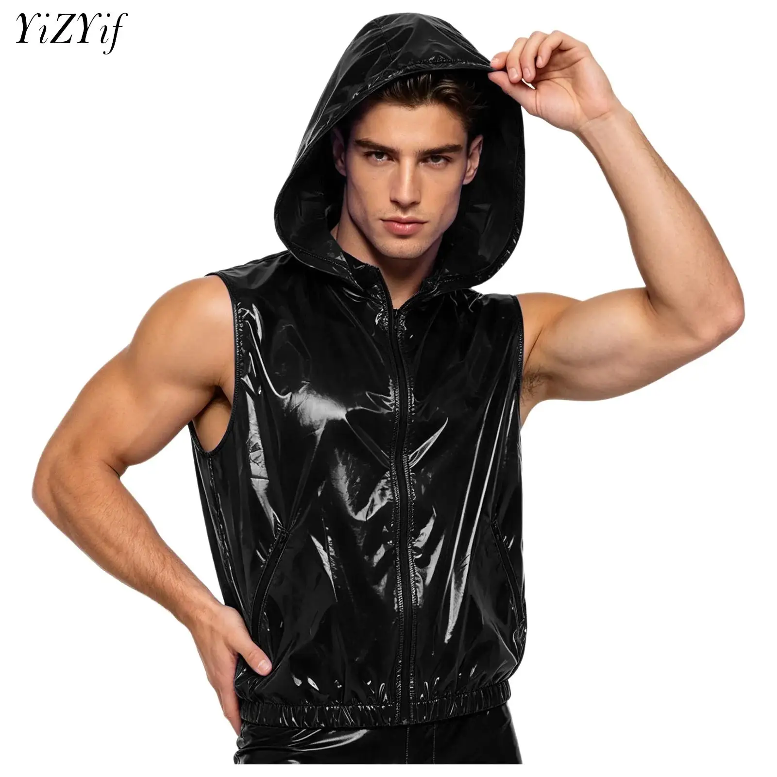 Men's Waterproof Hooded Vest Detachable Hood Sleeveless Zipper Tank Top with Pockets Cycling Workout Sports Outerwear clubwear