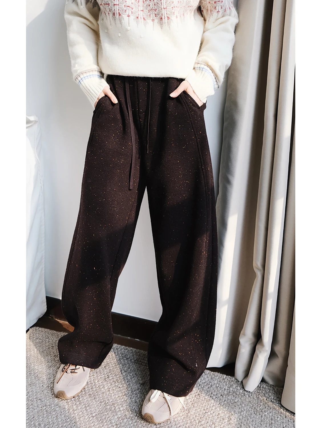 

Thi Fce One-Piece Woolen Bean Curved Knife Pants Ladies Casual Trousers Comfortable Soft Fabric l Waist Design