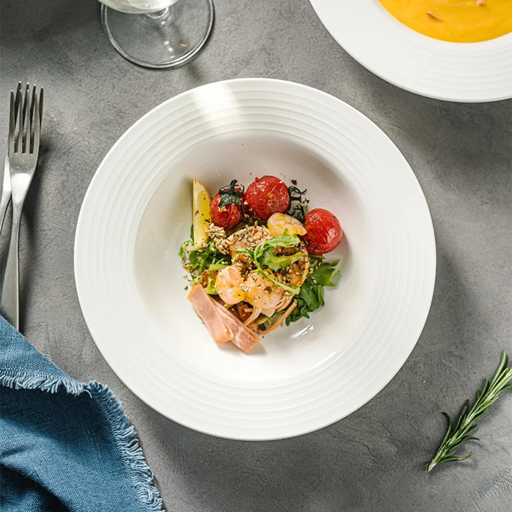 

2PCS Japanese-Style Ceramic Straw Hat Plate Threaded Pattern Under-glaze Painting Dessert Dish Round White Dinner Plate
