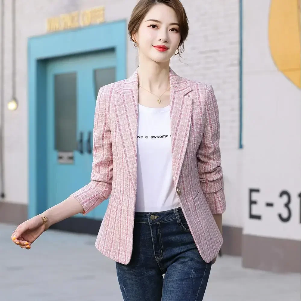 Woman Pink Apricot Plaid Blazer Fashion Casual Slim Long Sleeve Jackets Female Single Button Chic Blazers Coat S-4XL