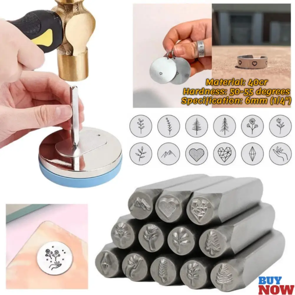 12PCS/SET Metal Stamping Kit Jewelry Marking Punch Leather Silver Craft Puncher Cartoon Animal Love Pattern 1/4 (6mm) Stamping T