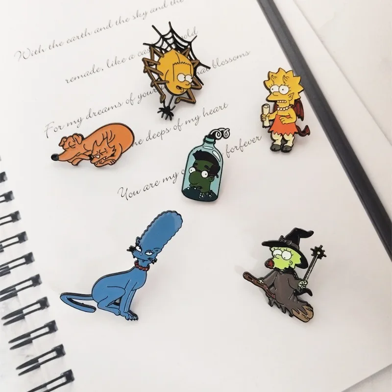 Hot 6pcs Anime film and television funny Simpsons Halloween brooch BatMarge witch spider cartoon anime metal drip badges gifts