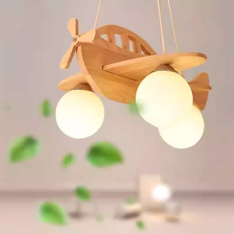 Nordic Solid Wood Creative Pendant Light Children's Bedroom Lighting Simple and Personalized Airplane Design Light
