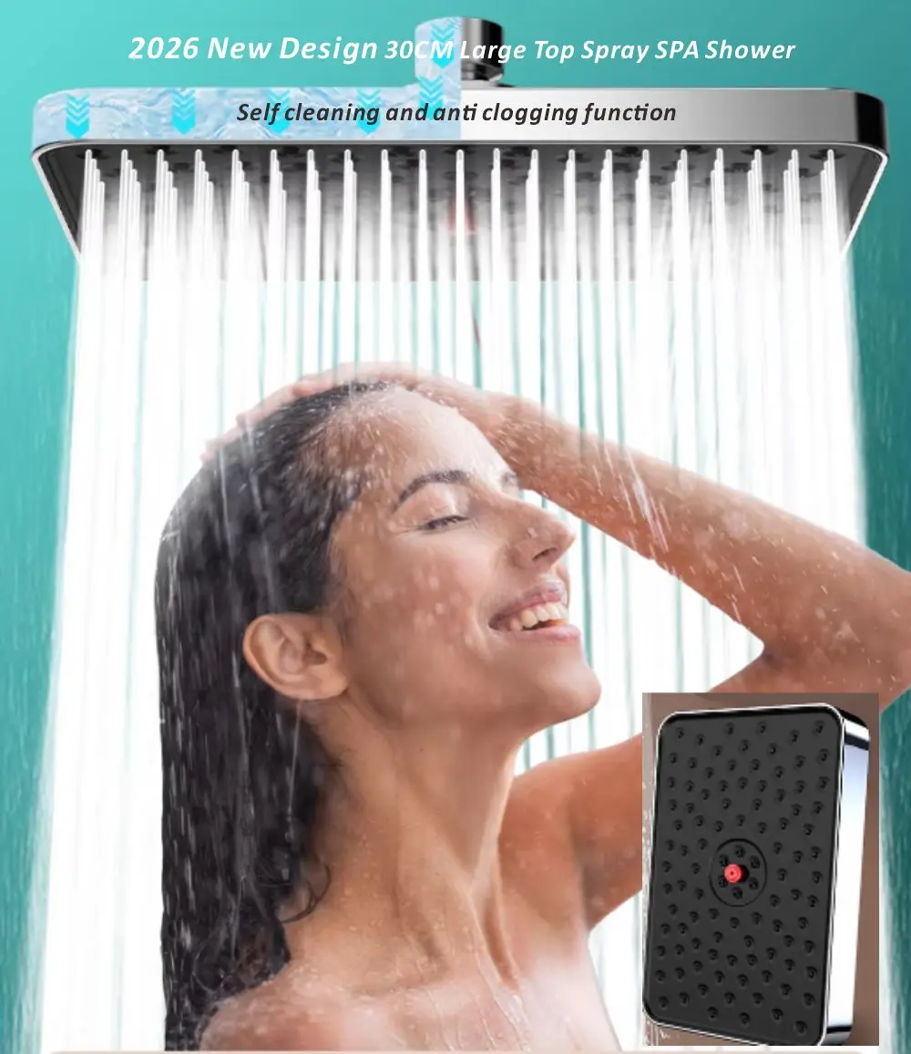 

New 30cm Self Cleaning and Anti Clogging High Pressure Overhead Large Flow Booster Rain Shower Head 360° Rotation Water Saving