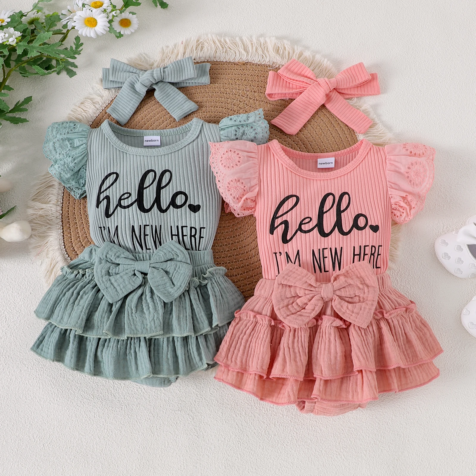 

3PCS Summer New Style Girls 0-6 Years Old Comfortable And Cute Heeeo I'm New Here Net Sleeve Pit Strip Clothes