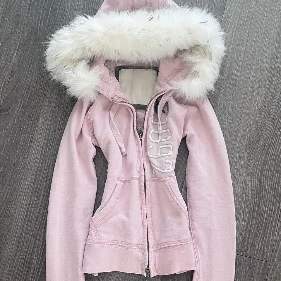 Vintage American Faux Fur Hoodie Women Winter Lined Zipper Slim Sweatshirt Y2k Cozy Fleece Pullover Streetwear Jacket Harajuku