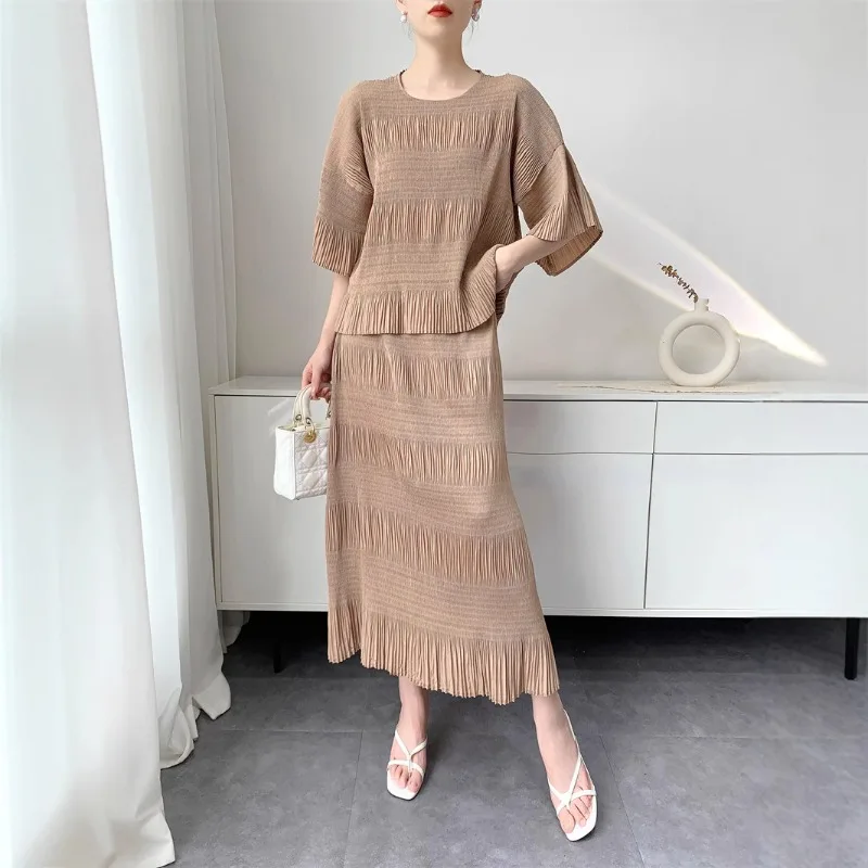 Miyake terno plissado feminino verão novo topo meia saia temperamento confortável casual simples tamanho grande elástico roupas de viagem