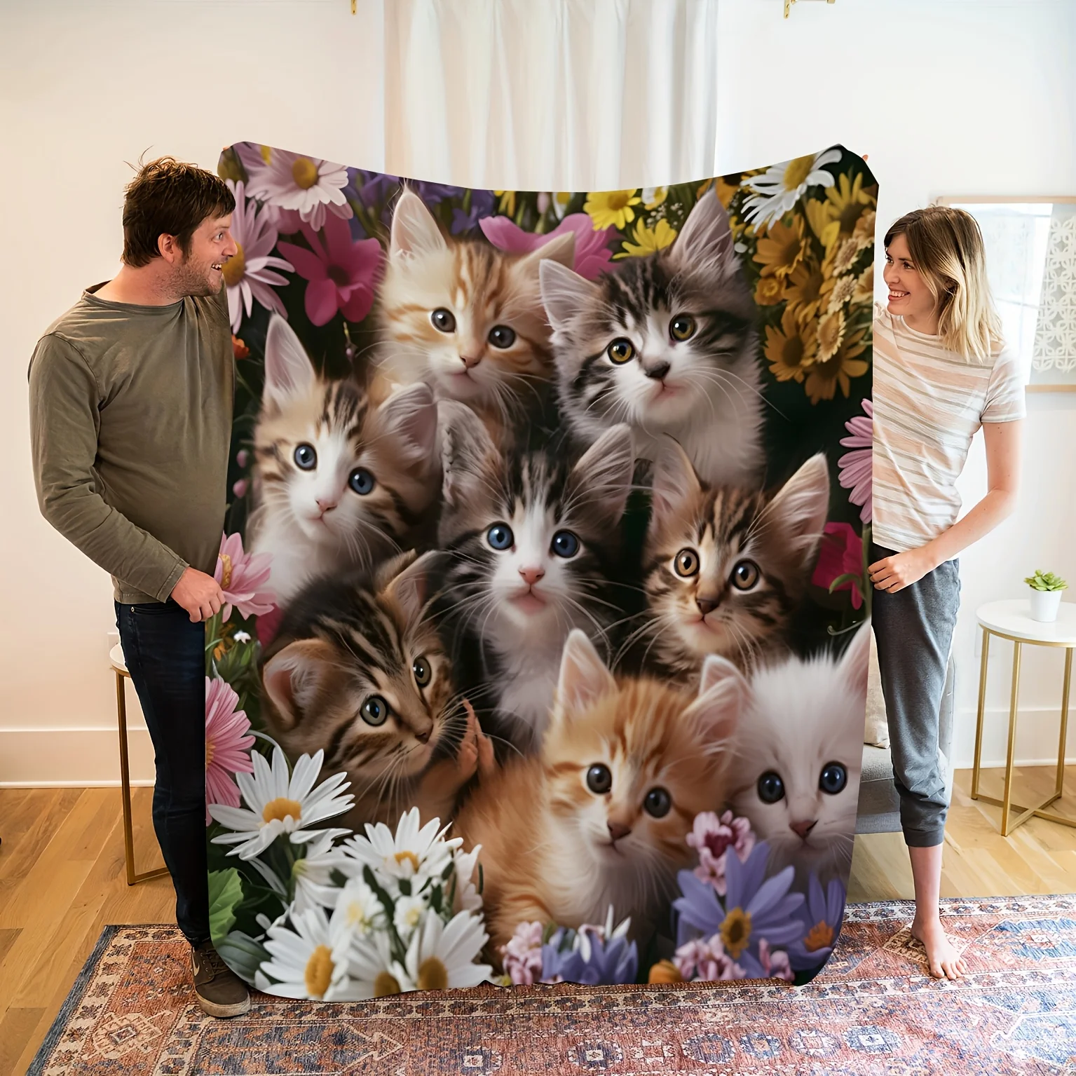 Cat Print Fleece Blanket  Warm, Throw with Vibrant Kitten Design for Sofa, Office, Bedroom Gift Decor Piece