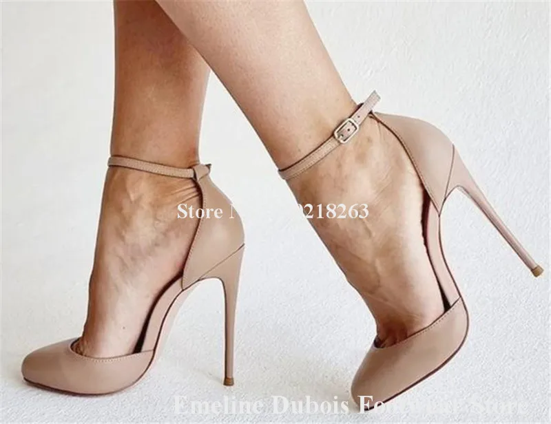 Nude Stiletto Heel Pumps Emeline Dubois Newest Round Toe Nude Patent Leather Thin Heel Shoes Ankle Strap Big Size High Heels 46