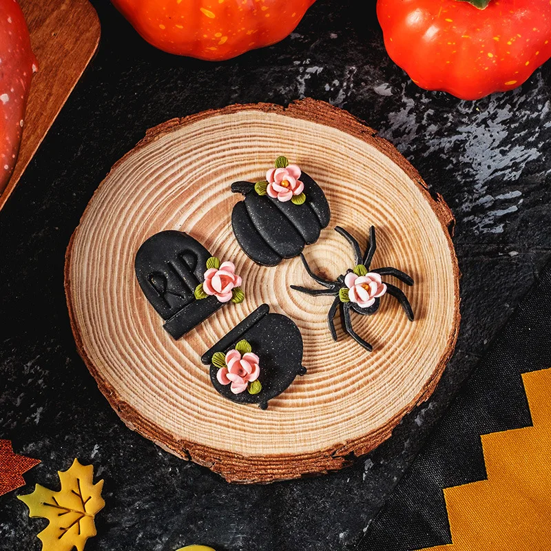 Halloween Series Polymer Clay Cutters Leaves Cat Bat Spider Ghost Pumpkin Shaped Soft Pottery Clay Mold for DIY Earrings Making