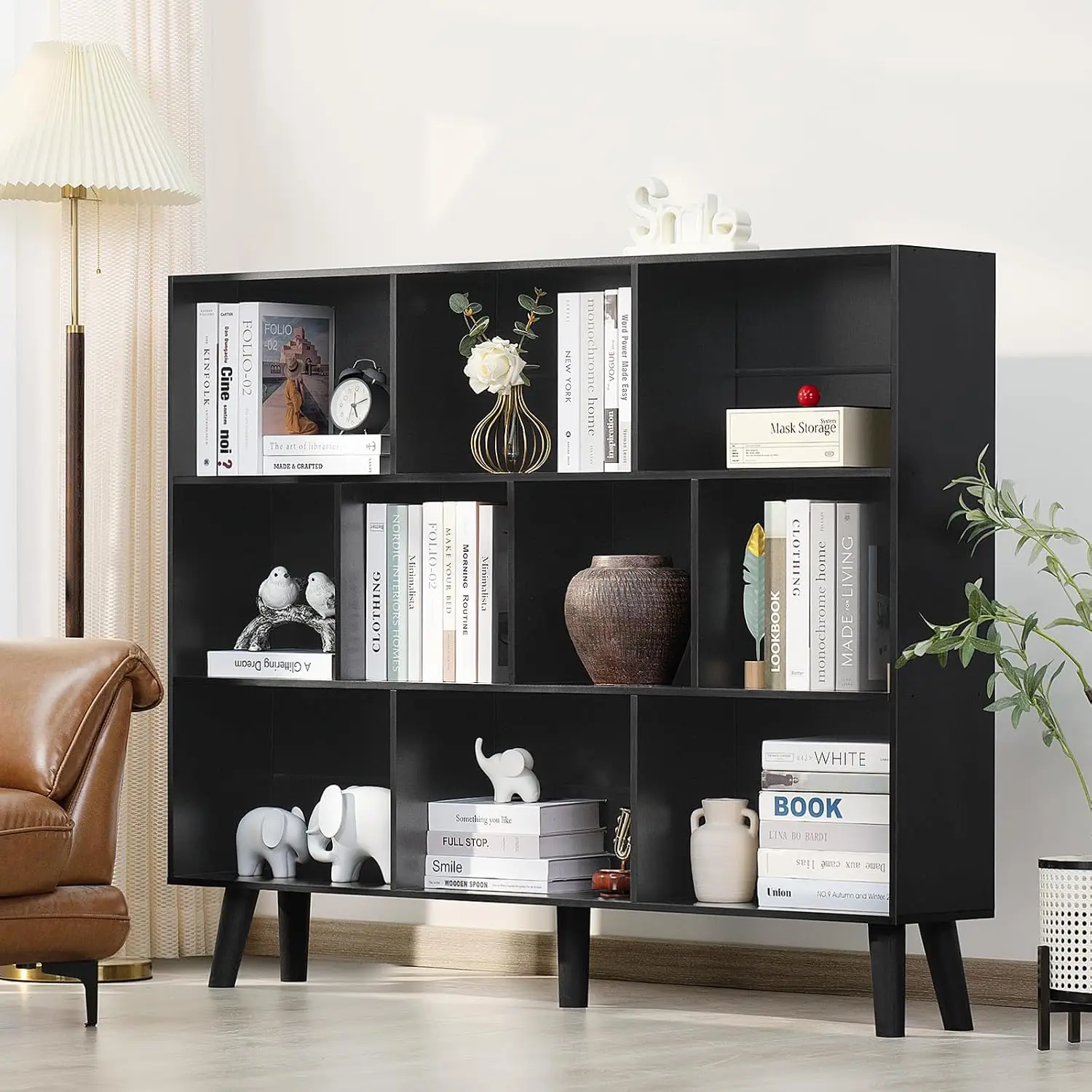 10 Cube 3 Tier Bookshelf with Legs,Black Mid-Century Modern Wide Open Storage Organizer,Tall Wooden Furniture for Living Room &