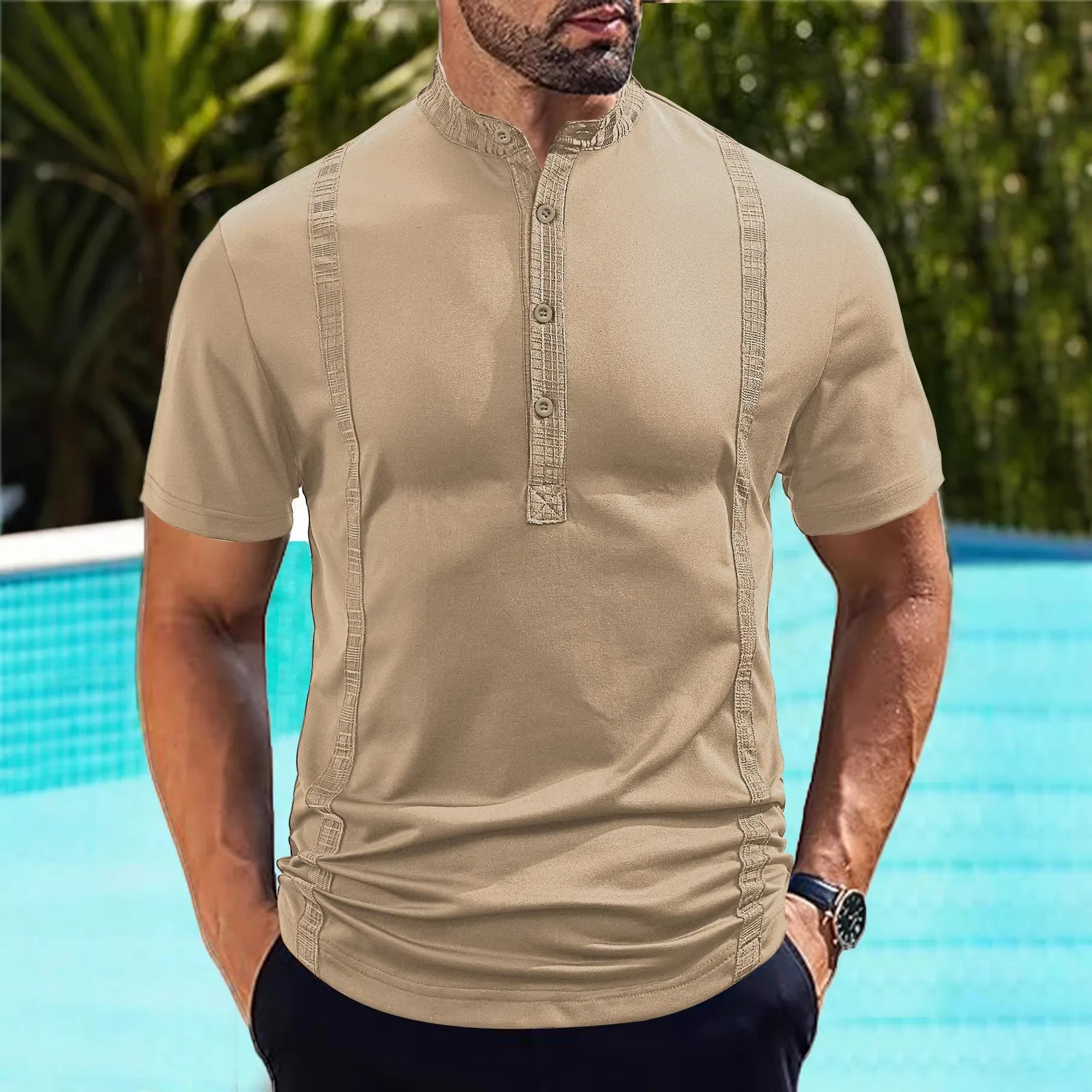 

Men Clothes Shirt Men Clothing Shirts Black White Navy Tee Light Blue Short Sleeve For Man Male Men's Stand Collar Button Front