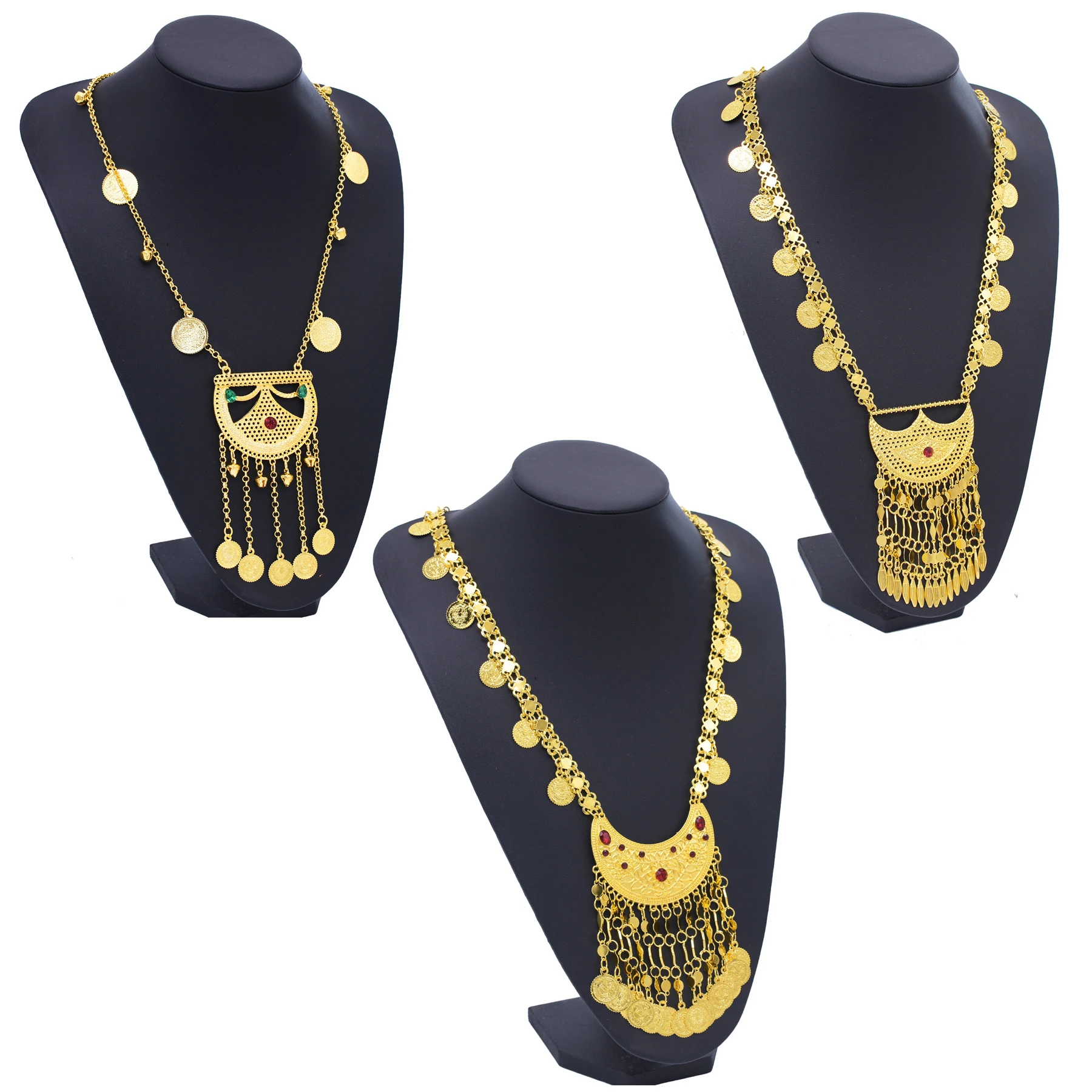 Trendy Golden Long Chain Coins Hollow Moon Pendant Necklace for Women Traditional Indian Arab Bride Wedding Accessories Jewelry