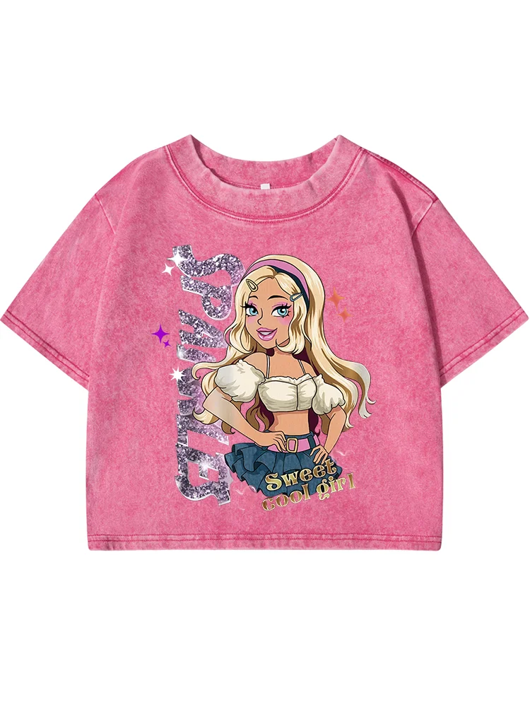 Cartoon Cute Girlprint Women Wash Short Tshirt Breathable Cool Tee Tops Fashion Street T-Shirt Distress Midriff-Baring Clothes