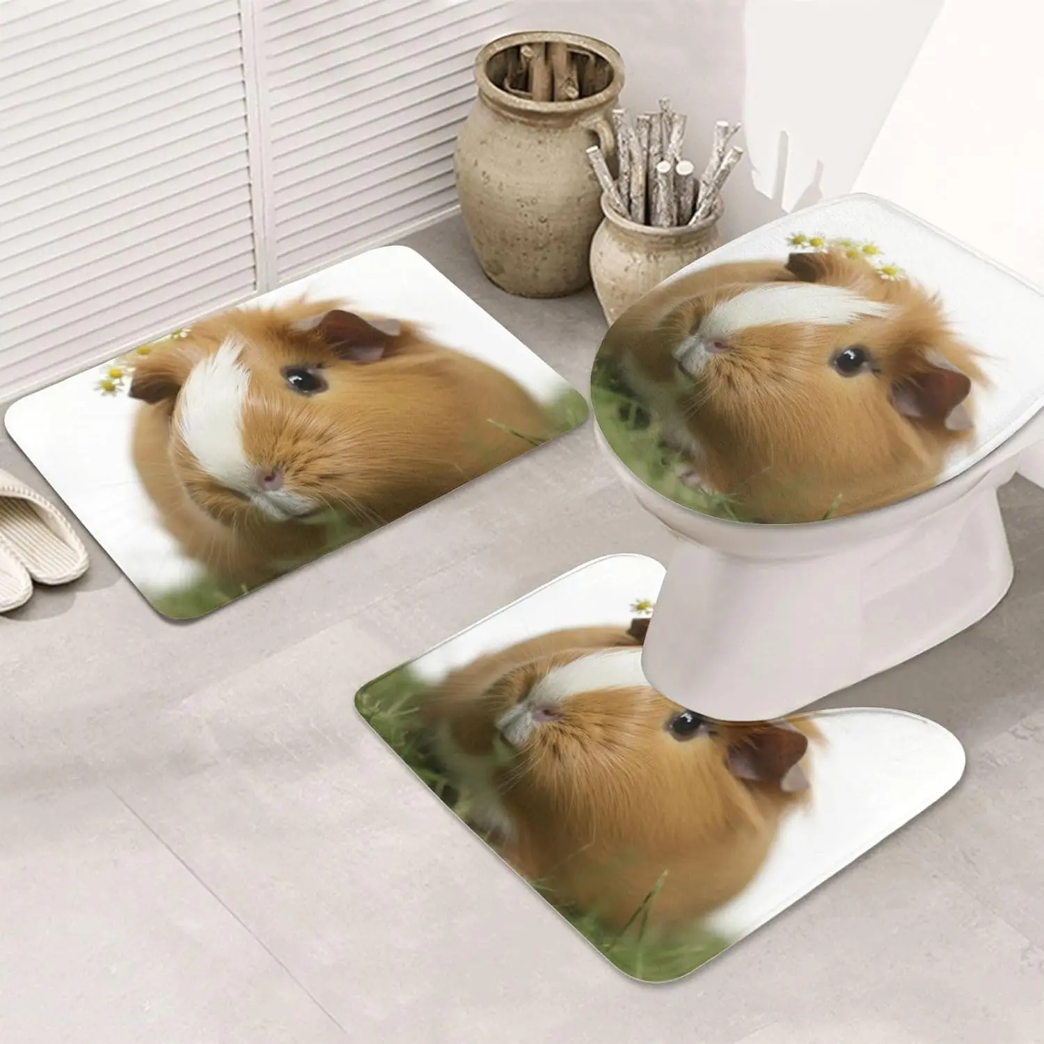 Smiling Bathroom Rugs Sets 3 Piece, Non Slip Absorbent Bath Rug U-Shaped Contour Toilet Rug with Toilet Cover, Foam Bath Mat