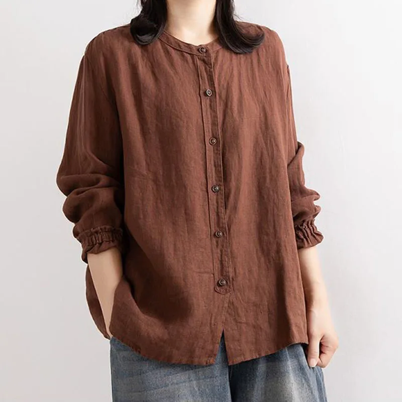 Frauen Baumwolle Leinen Vintage Shirt o Hals Knöpfe lange Ärmel lose Herbst lässig koreanische Harajuku weiche feste Tops