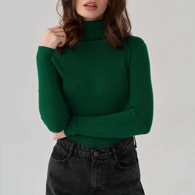 Womens Turtleneck Knit Sweaters Korean Style Long Sleeve Soft Bottoming Ribbed Jumpers Fashion Streetwear Solid Knitted Pullover