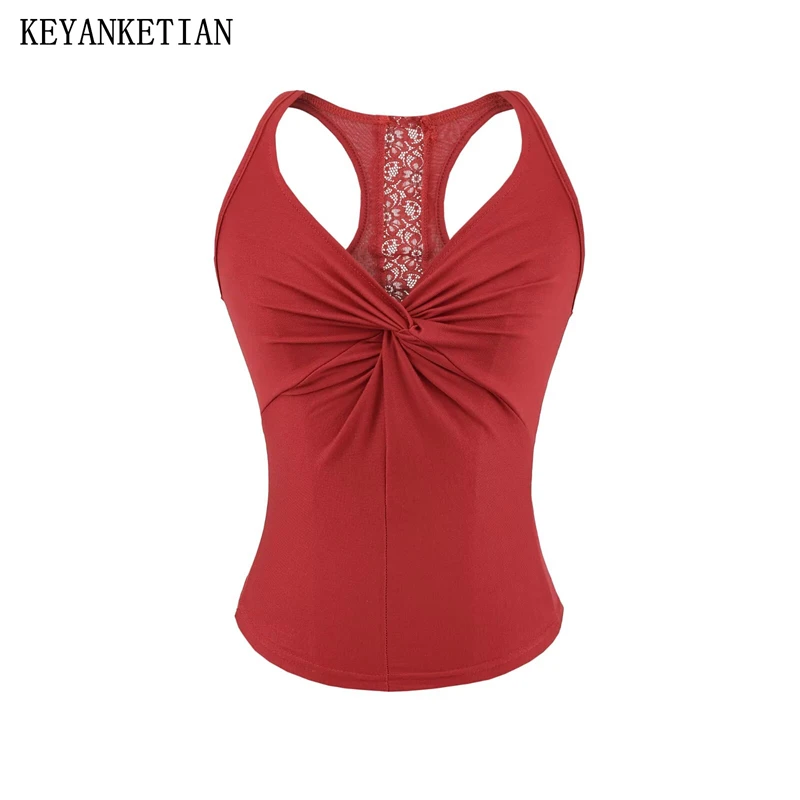 

KEYANKETIAN Summer New Women's Sexy Sports Cross Knot Design Lace Patchwork I-shaped Vest Sleeveless Top Women