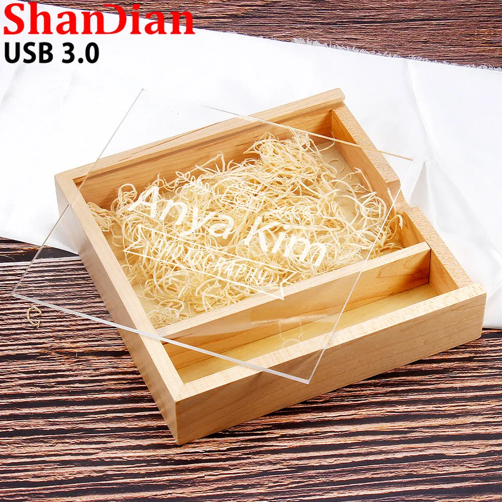 กล่องของขวัญรูปอะคริลิคใส USB 3.0 USB แฟลชไดรฟ์ฟรีโลโก้ปากกาไดรฟ์ไม้ความจุจริงหน่วยความจำดิสก์ U 64GB