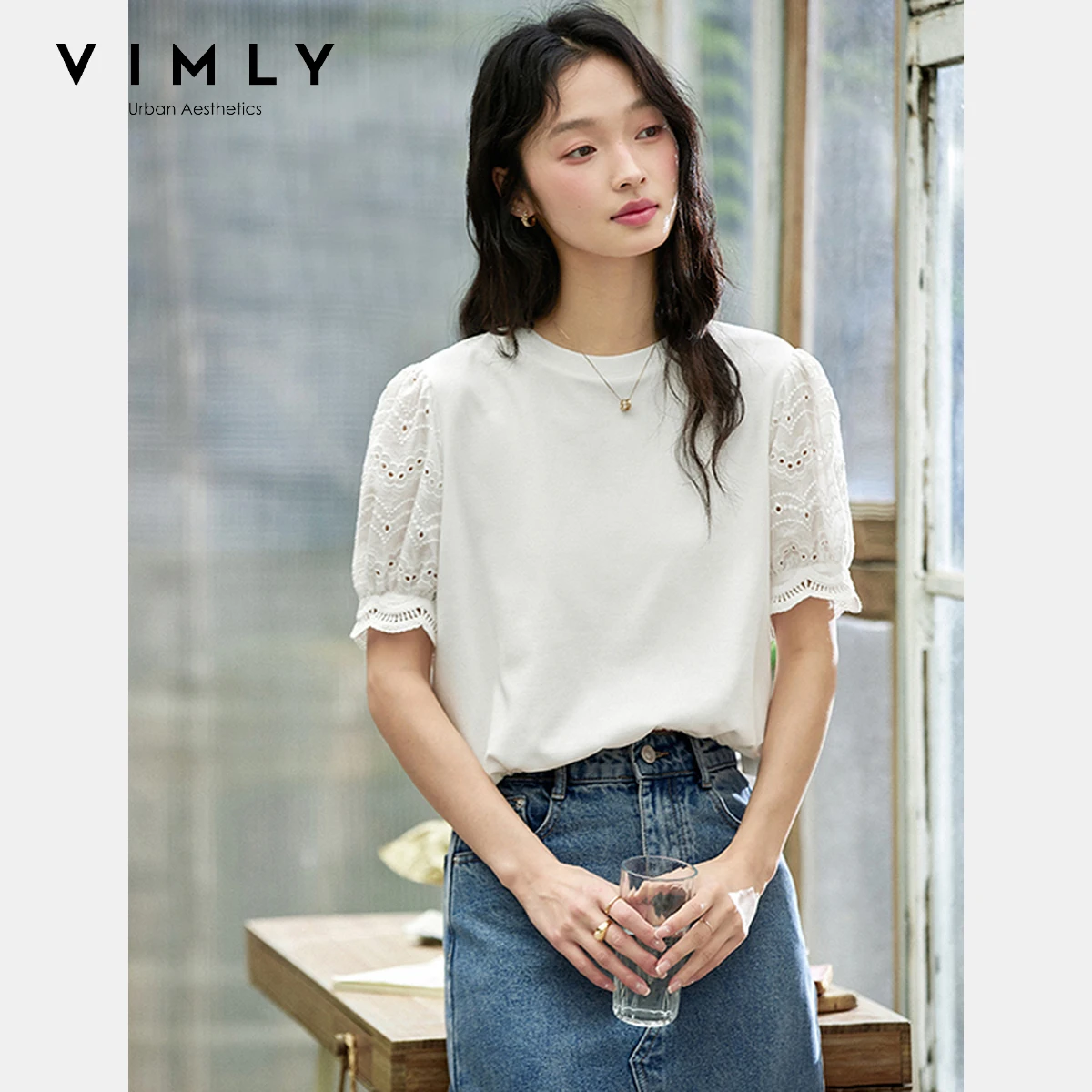 

VIMLY White Knitted T-shirt Summer Clothes Woman 2025 Casual Round Neck Hollow Out Puff Short Sleeve Top Ladies Clothes A1171