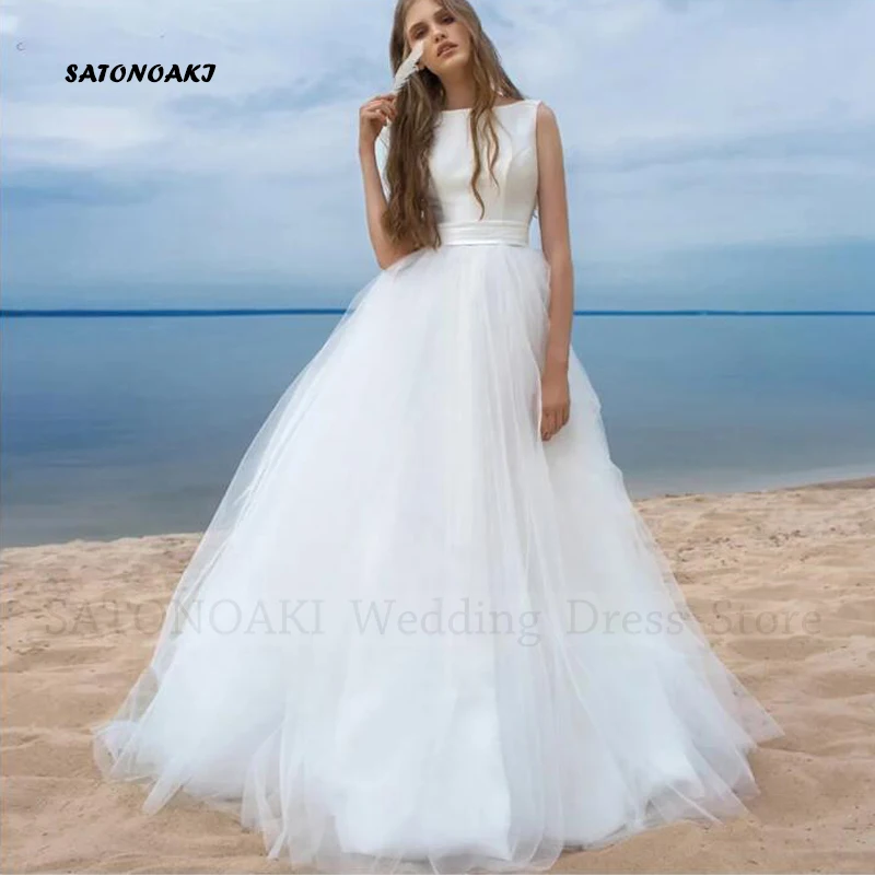 

Elegant Simple Boho Beach Tulle Satin Wedding Dresses 2024 Lace-up Back Plus Size A-Line Bride Gown with Bow Vestidos De Novia