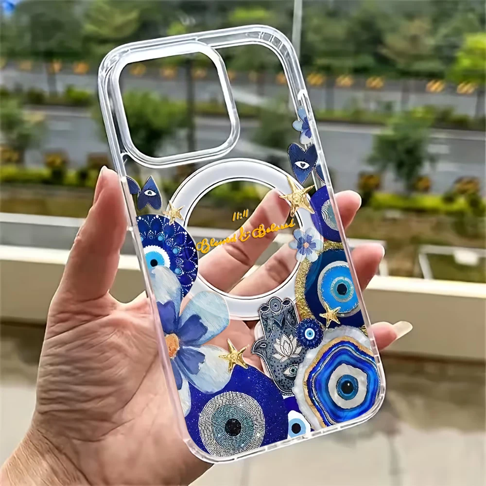 Funda Magnética de TPU con Diseño de Ojo Turco Azul y Flores para iPhone 17, 14, 15, 16, 11, 12, 13 Pro Max, 17 Air, 15, 14, 16 Plus, 15, 17, 16 Pro