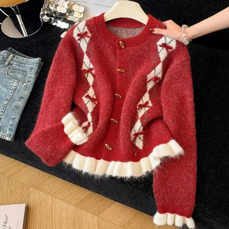 Three-dimensional Flower Color-blocking Jacquard New Spring Autumn Style Sweet Youthful Round-neck Versatile Knitted Cardigan