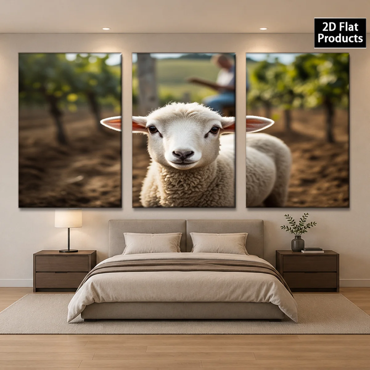 Frameless 3PCS 2D Decorative painting - Canvas painting - A three-panel canvas with a sheep in the center and vineyards on th