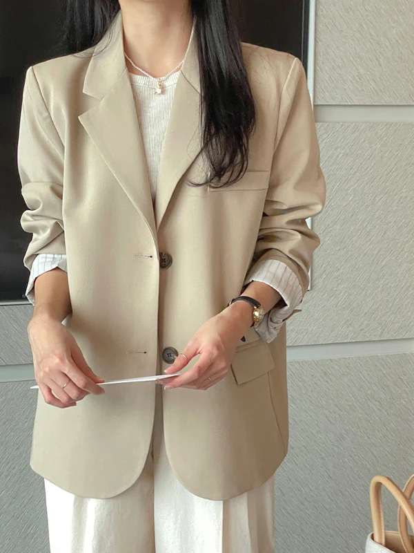 

Ele Vintage Single-Button Suit Jaet Women's Autumn Outerwear Korean Sle Commute Long Sve Pure Color Faion Sense