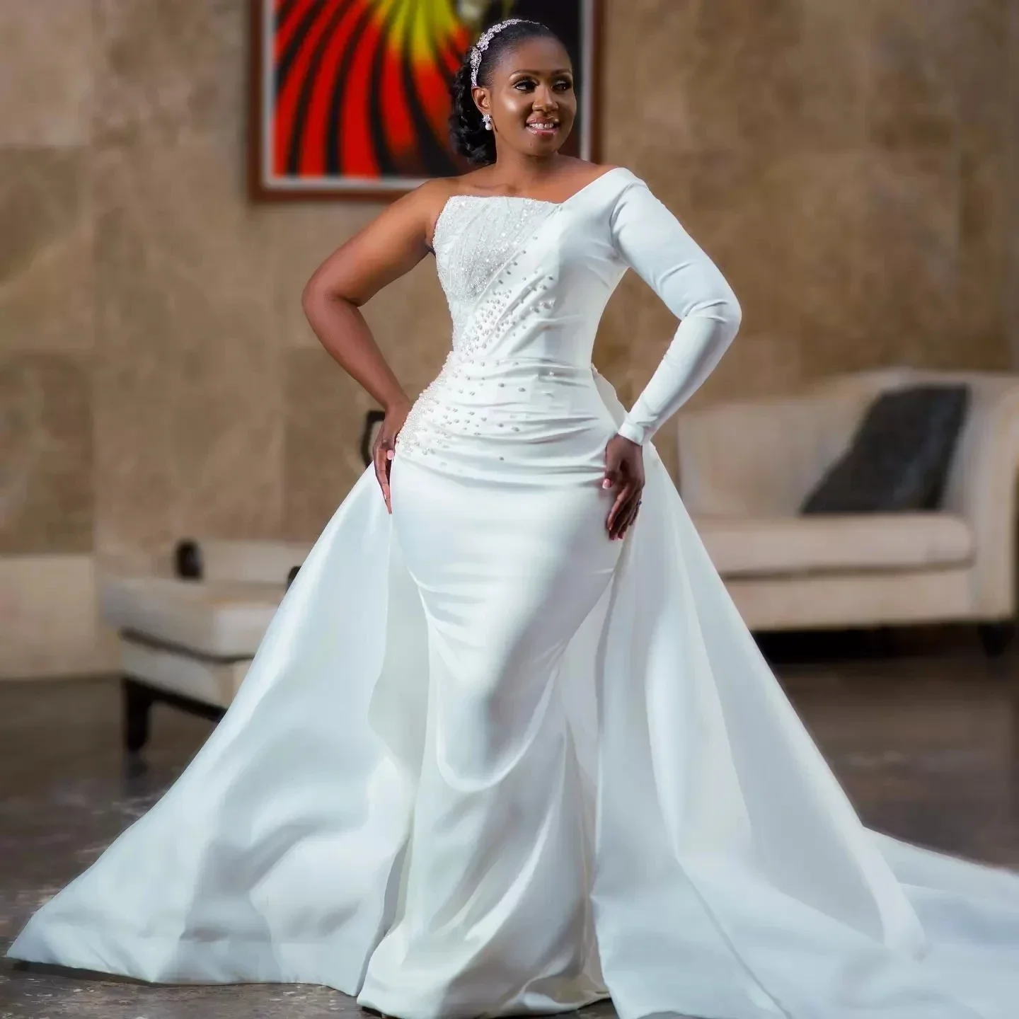 Maßgeschneidertes Perlen-Meerjungfrau-Hochzeitskleid mit abnehmbarer Schleppe, Perlen, eine Schulter, lange Ärmel, Brautkleider Robe De Mariee