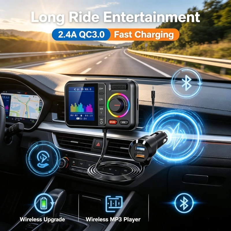1. Hands‑Free Call FM Transmitter Adapter, Color Screen Design For Long‑Journey Automobile Entertainment