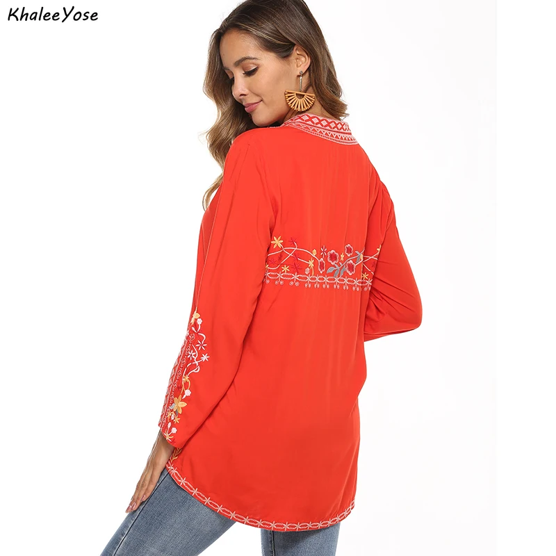 KHALEE YOSE Red Floral Embroidery Blouses Shirt Cotton Spring Boho Mexican Shirt Short Sleeve Women 23xl Ethnic Hippie Shirt top