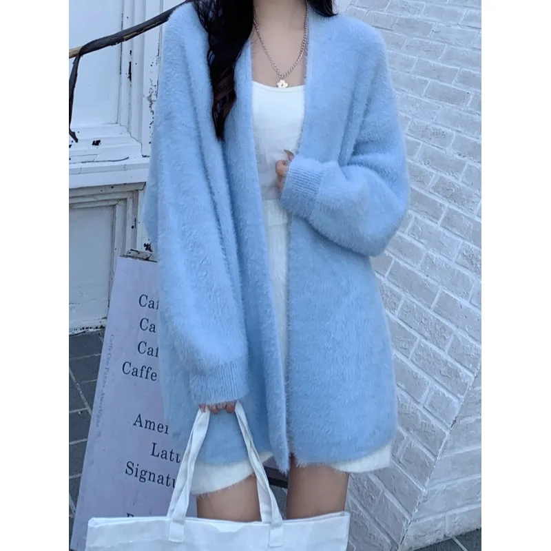 Feminino chique solto emagrecimento pele macia vison camisola de malha casaco longo sve meados de comprimento cardigan suave sle inverno outerwear