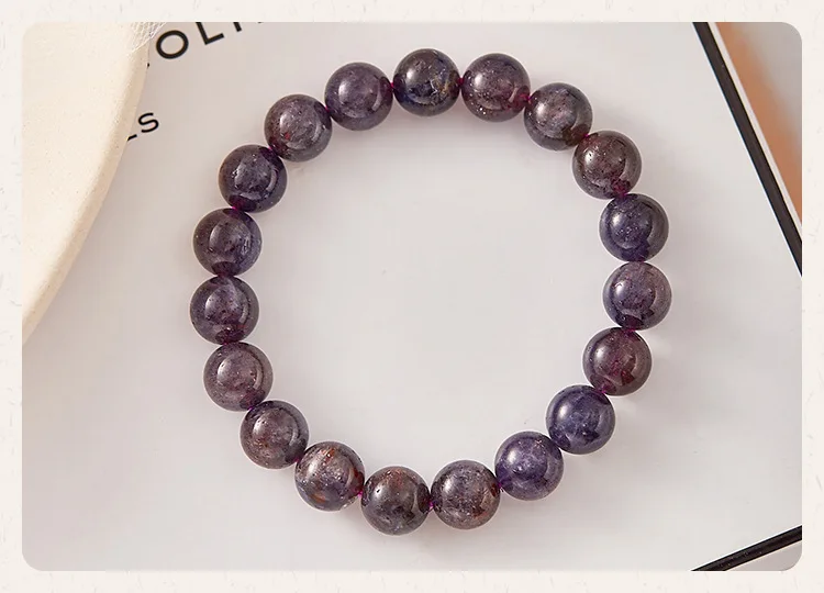 Natural Blood Drop Cordierite Bracelet with Around 19pcs 10mm Violet Crystal Round Beads Hand Strand Chain Jewelry for Men/Women