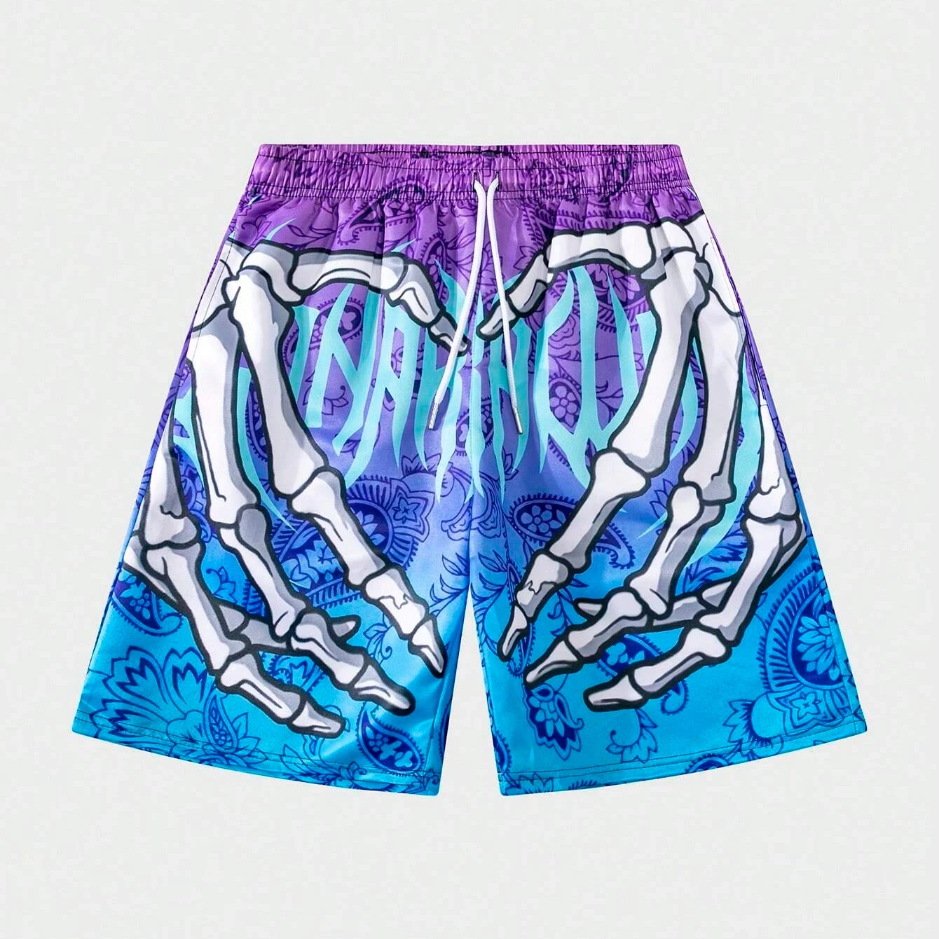 2024 Summer Trend Hip Hop Shorts Stylish Skull Hand Graphic Print Drawstring Shorts Oversized Casual Loose Men's Beach Shorts