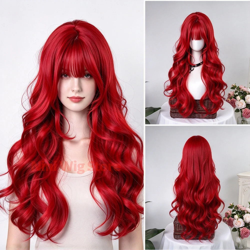 Red Cosplay Wig Long Curly Synthetic Wig with Bangs For Women Christmas Halloween Cosplay Daily Party Natural Heat Resistant Wig