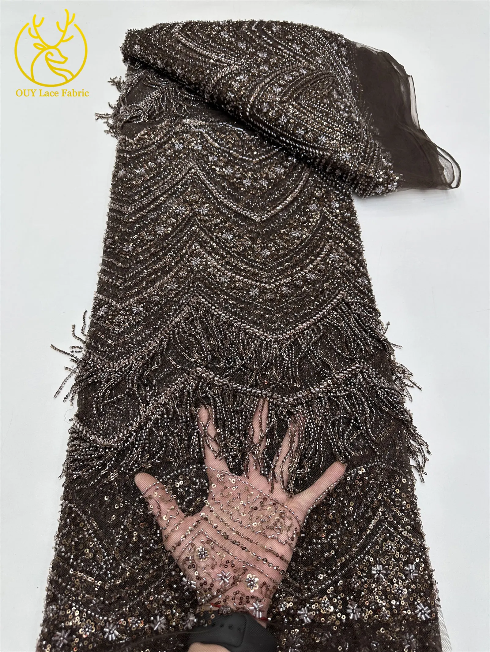 Hochwertiger 3D-Quasten-Perlen-Spitzenstoff, goldfarbener afrikanischer Perlen-Pailletten-Spitzenstoff, französische Tüllspitze für Hochzeitskleider, 5 Yards – Detail 17