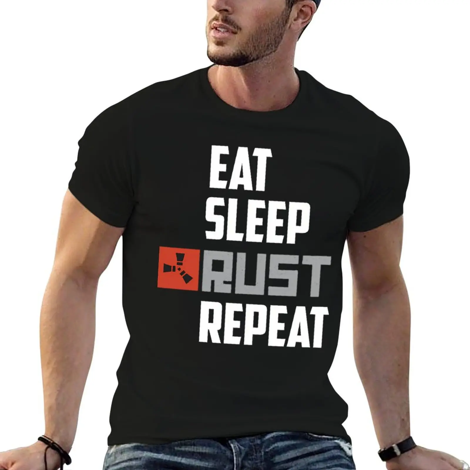 

Eat Sleep Rust Repeat White Text T-Shirt anime tshirt customs Men's t-shirt