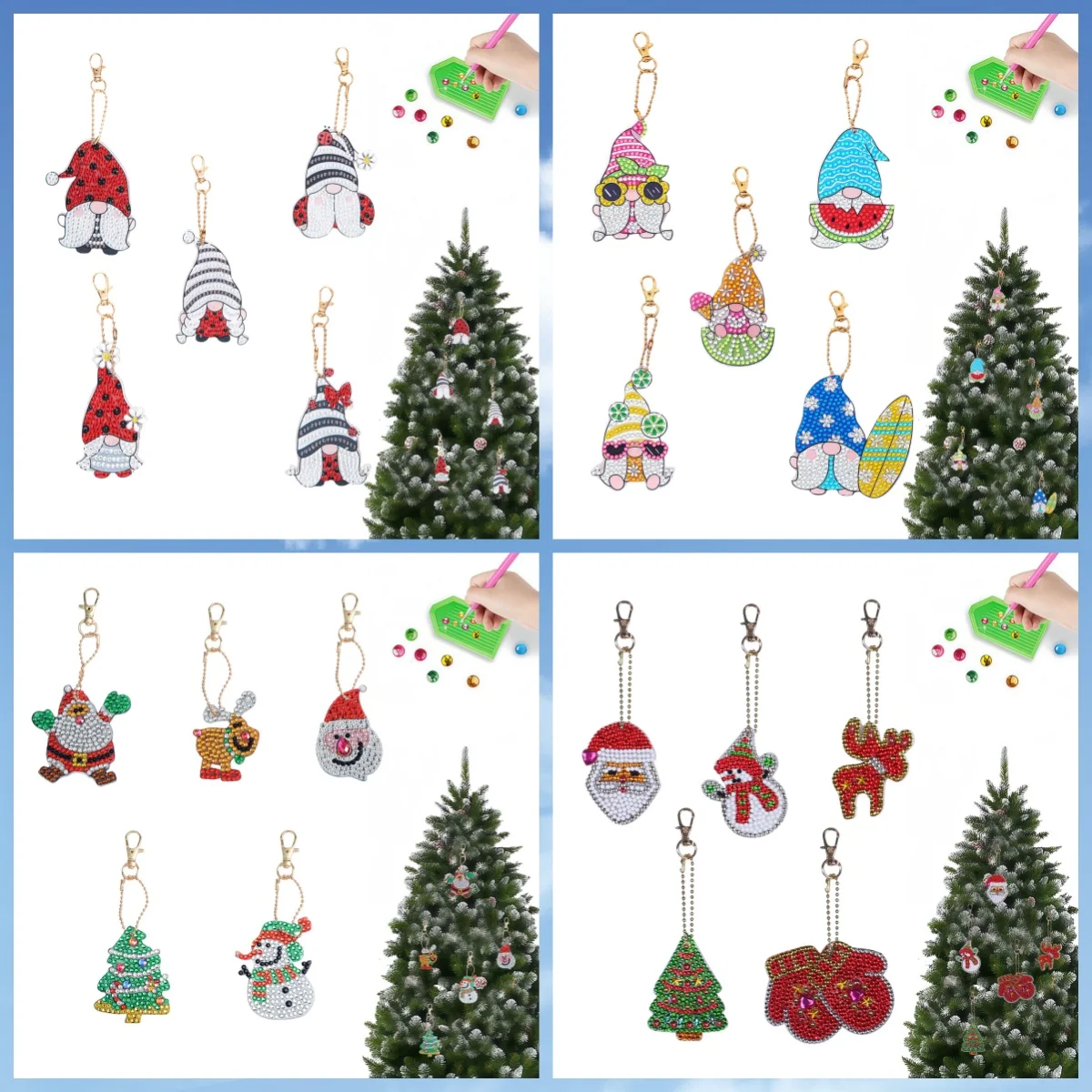 

5 DIY Christmas-style diamond art painting keychain sets, hanging decorative backpack accessories, ladies' backpack pendants
