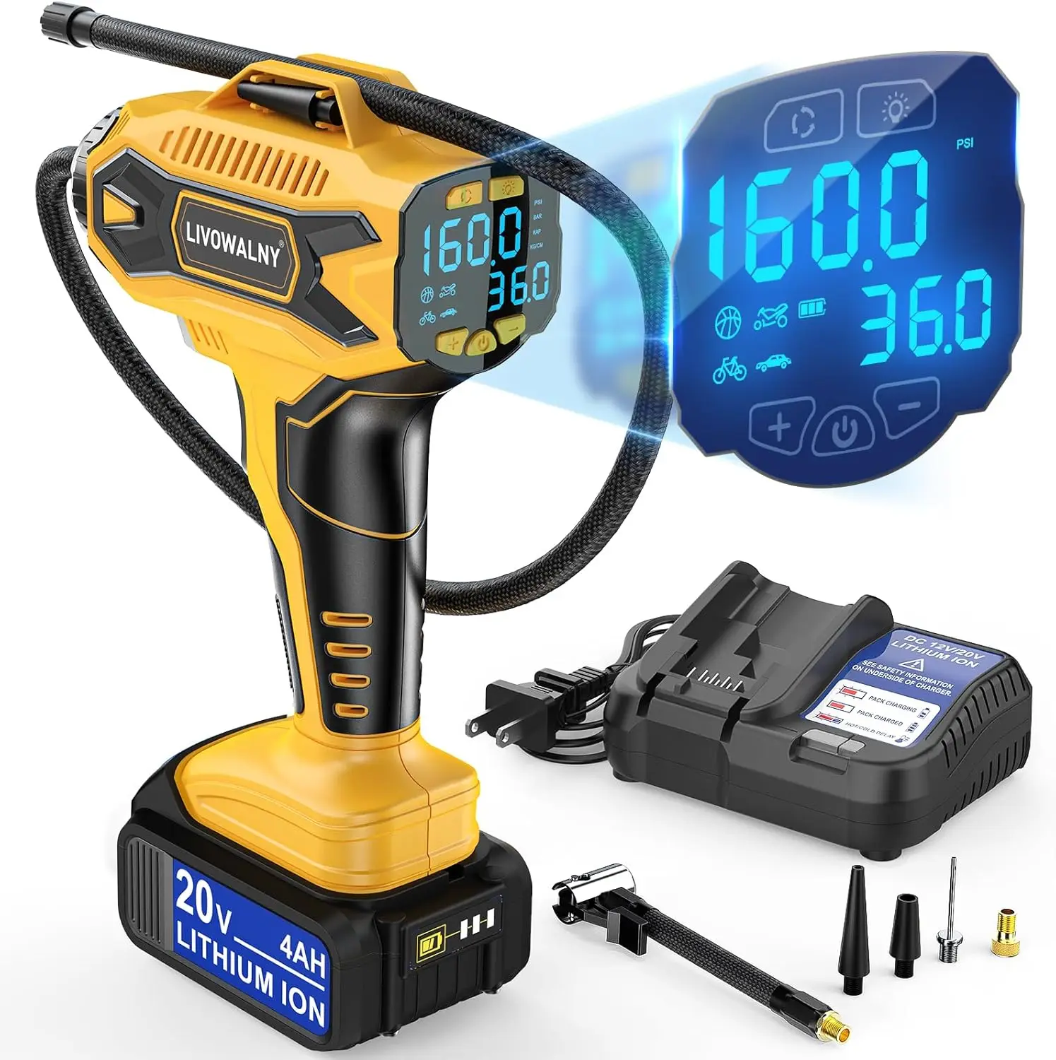 

DEWALT 20V MAX Беспроводной цифровой воздушный насос для накачивания шин с ЖК-дисплеем для обслуживания автомобиля