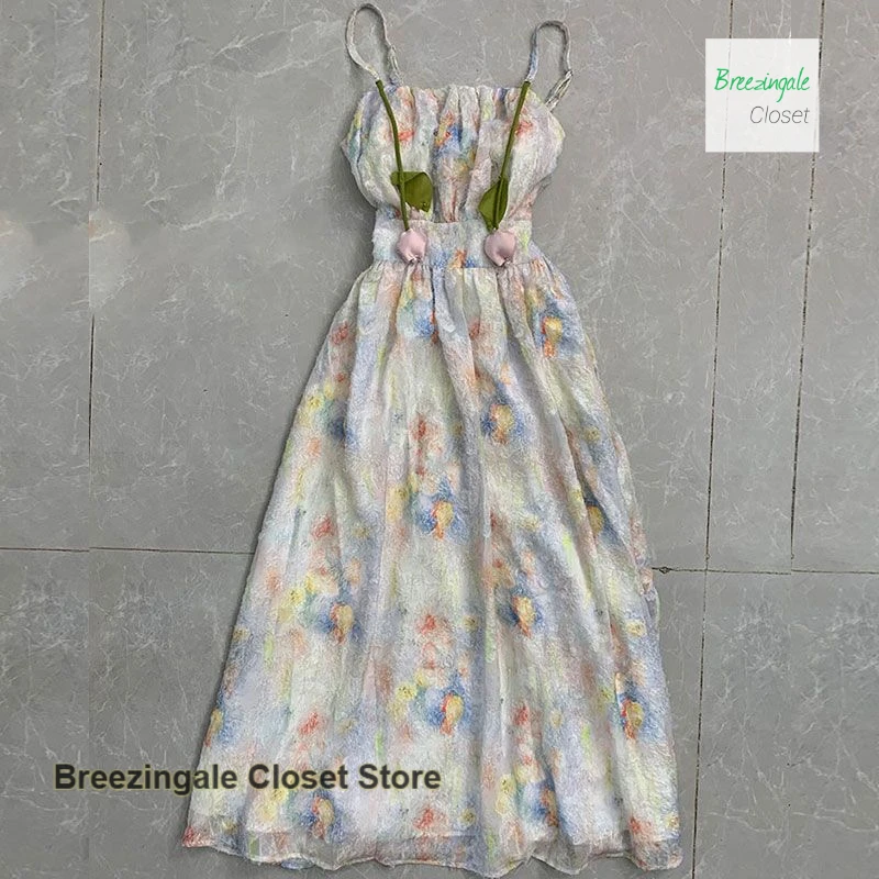 

Summer seaside holiday atmosphere tulip floral suspender dress female French unique and beautiful temperament long skirt