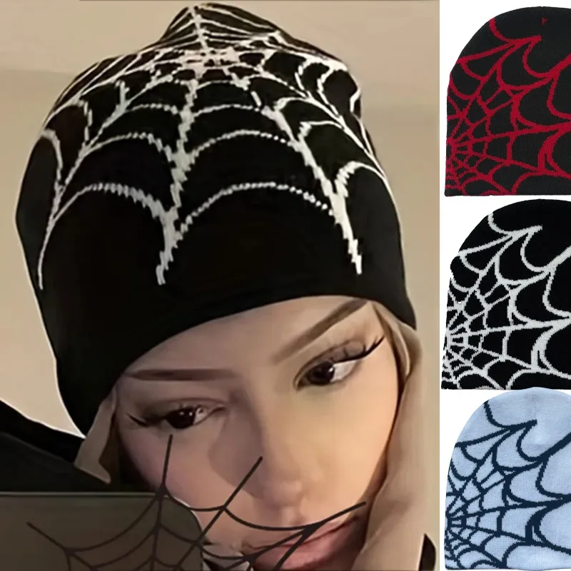 Fashion Knitting Spider Web Design Hat for Men Women Pullover Pile Cap Y2k Goth Warm Beanie Hats New Hip-hop Street Cap