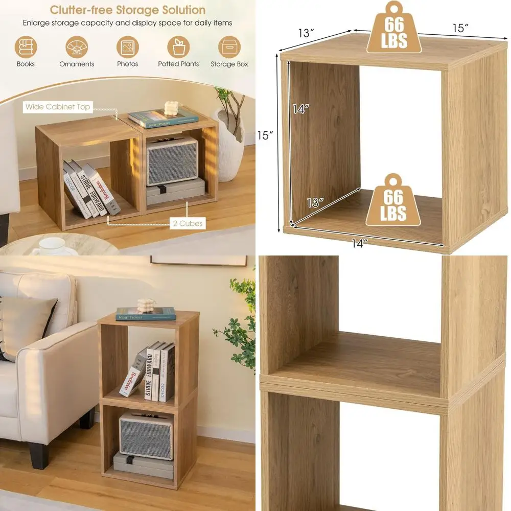 

2-Tier Wooden Cube Bookshelf, 15 Tall, with Anti-Tipping Feature for Living Spaces and Storage