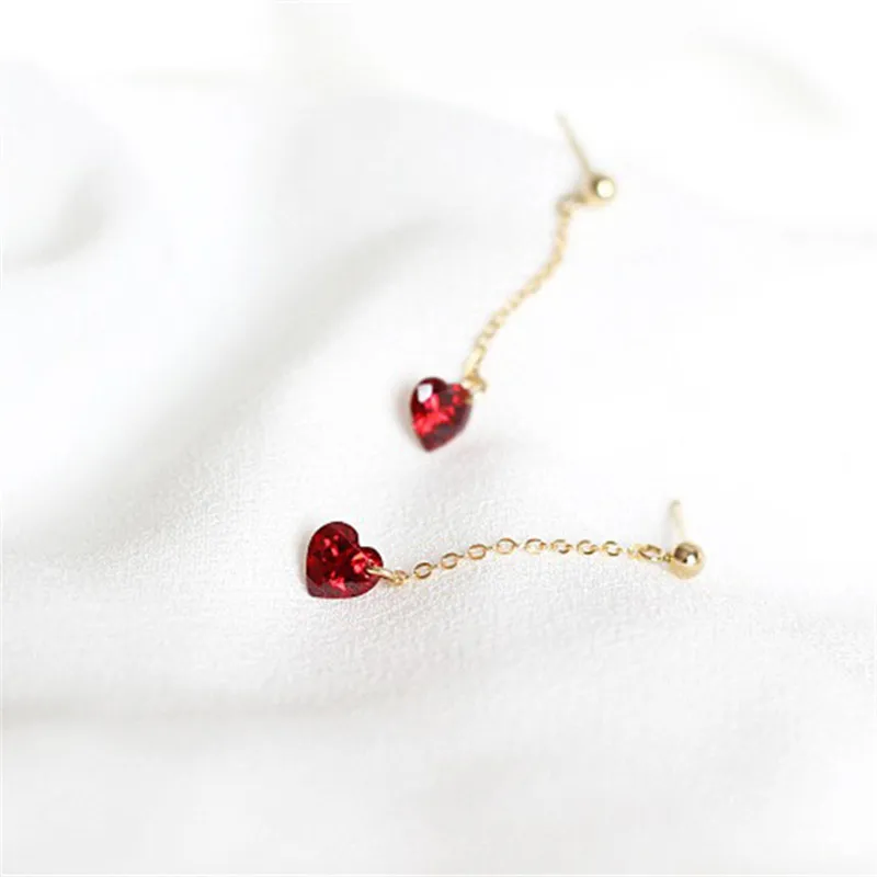 CCFJOYAS 925 Sterling Silver Garnet Red Heart Shaped Drop Earrings for Women Simple French Gold Chain Earrings Piercing Jewelry