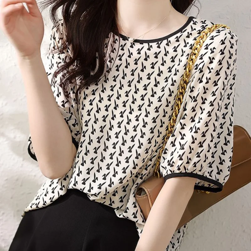 Summer Printing Loose Blouse Women High Quality Short Sleeve O-collar Casual All-match Temperament Lady Pullover Chiffon Shirt