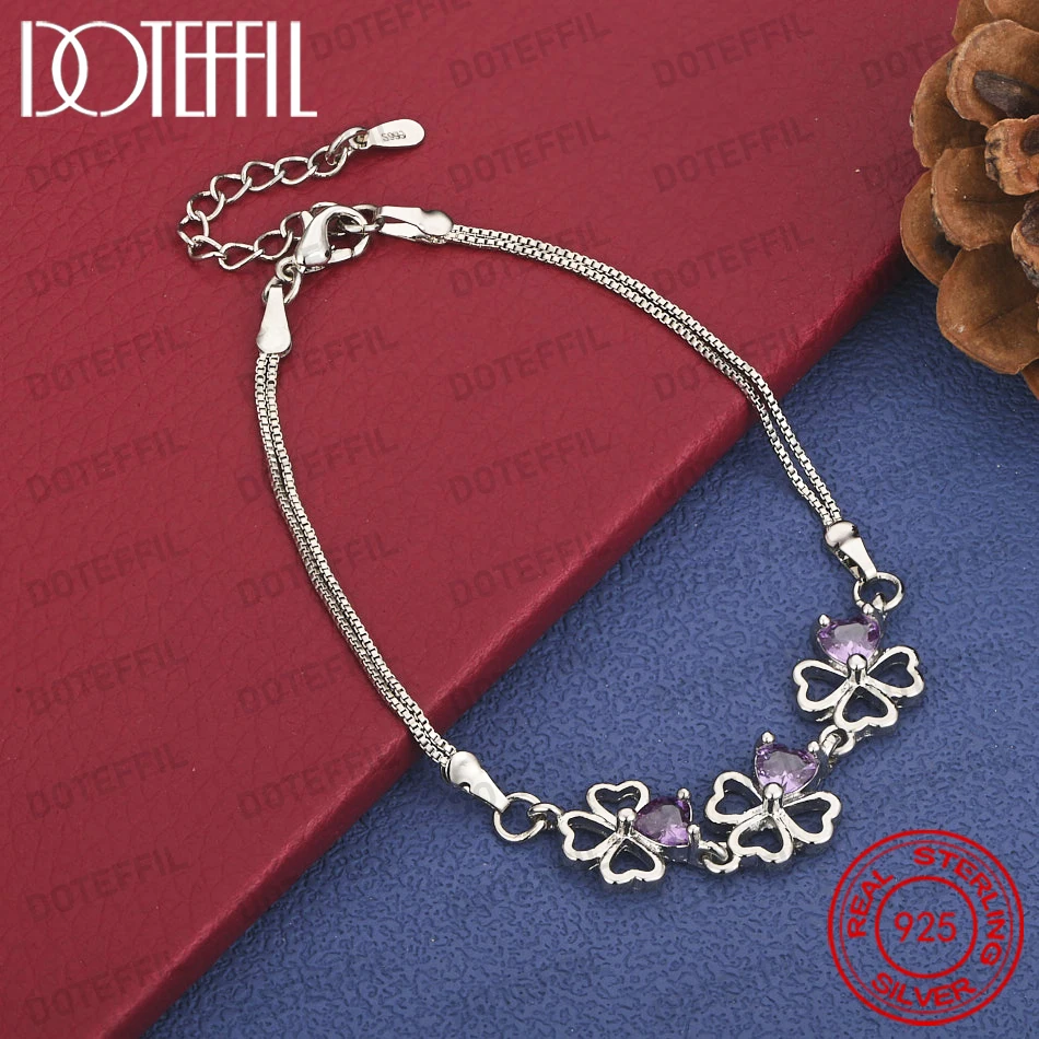 925 Sterling Silber Exquisites Vierblättriges Kleeblatt Lila Zirkon Armband für Damen - Modisches Hochzeitsgeschenk Schmuck