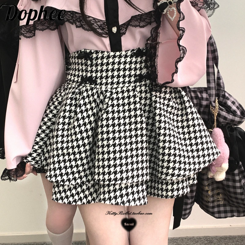 

Dophee Original Houndstooth Women High Waist Skirt Elegant Bubble Skirt Double Bow Y2k Young Girl A-line Short Mini Skirt Lolita