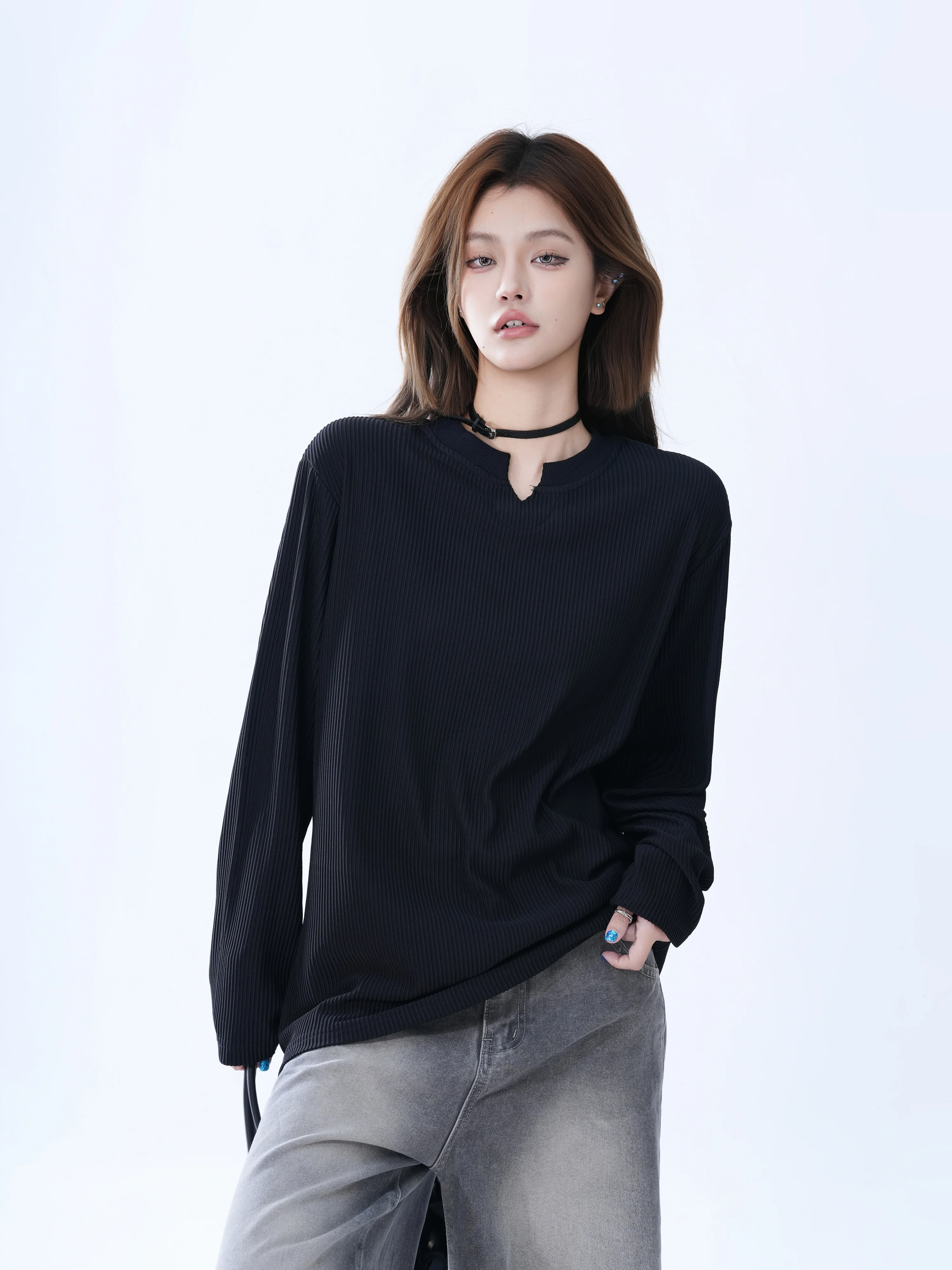 Loose Casual V-Neck Long Sleeve T-Shirt Women's Lazy Style American Retro Texture Small Ball Ball Lazy Top for Autumn