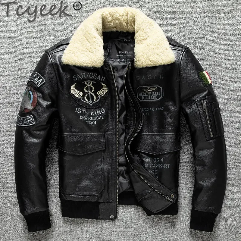 

Tcyeek Short Thickened Cotton Coat Genuine Cow Leather Jacket Men Autumn Winter Clothing Detachable Fur Collar Coats Chaquetas