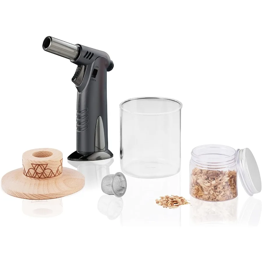 

Alchemi Single Serve Cocktail Smoker Kit Includes Low Ball Glass Butane Torch Smoker Mesh Strainer and Oak Wood Chips for Whisk